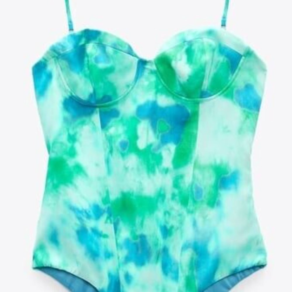 Satin Effect Bustier Bodysuit, Blue/Green